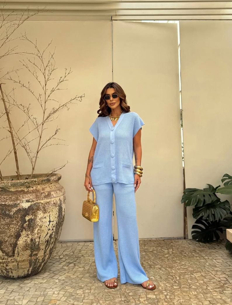 Conjunto tricot colete botões e calça Serena